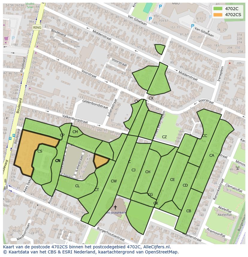 Afbeelding van het postcodegebied 4702 CS op de kaart.