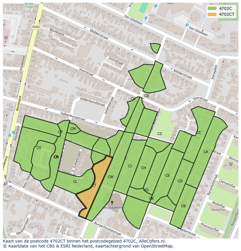 Afbeelding van het postcodegebied 4702 CT op de kaart.