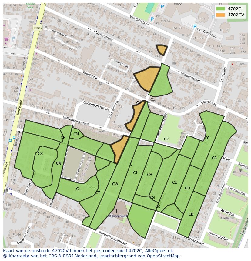 Afbeelding van het postcodegebied 4702 CV op de kaart.
