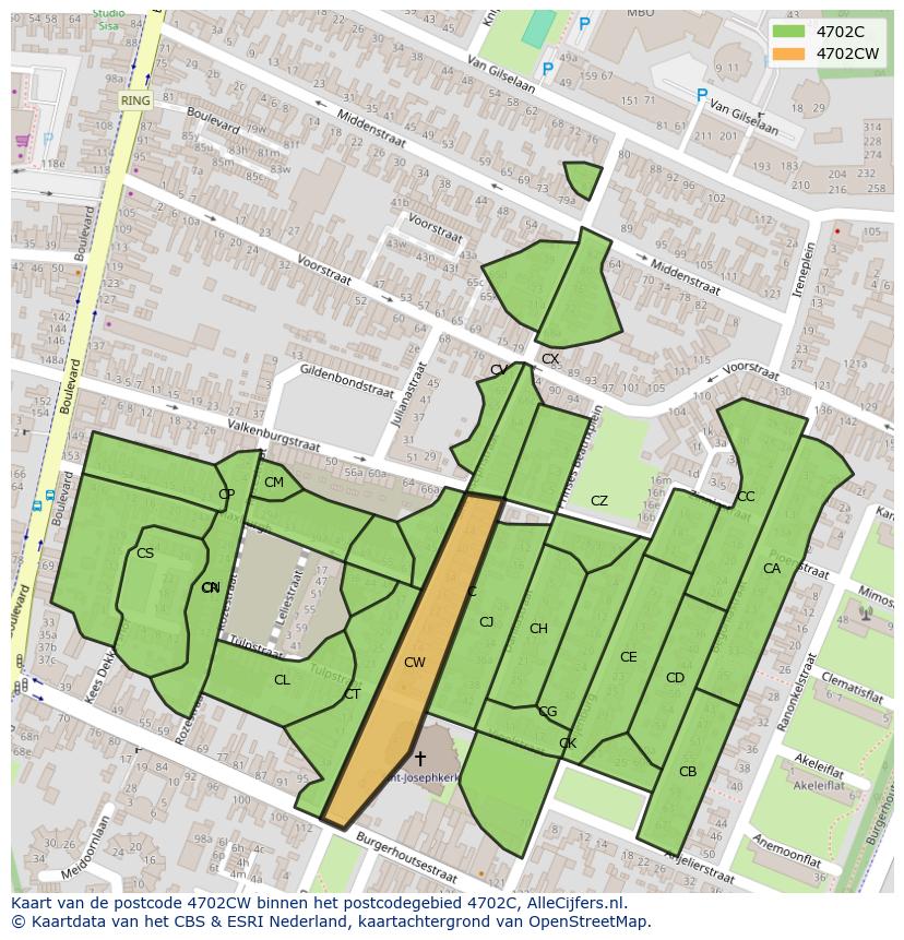 Afbeelding van het postcodegebied 4702 CW op de kaart.