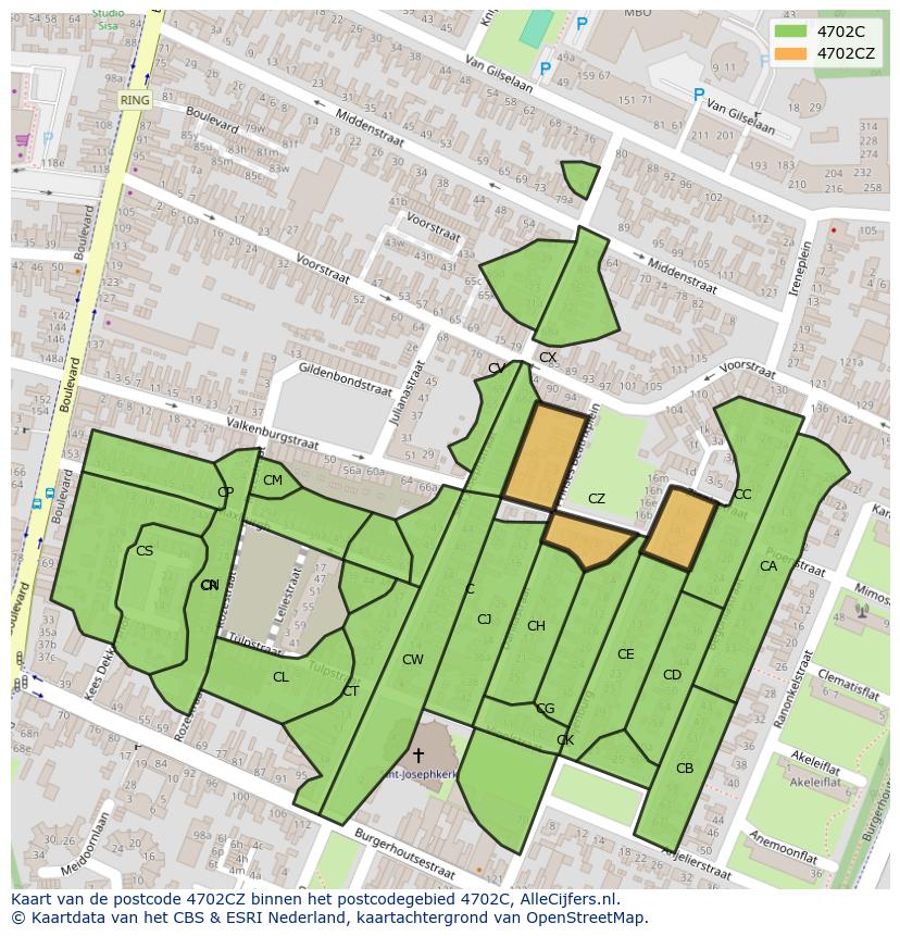 Afbeelding van het postcodegebied 4702 CZ op de kaart.