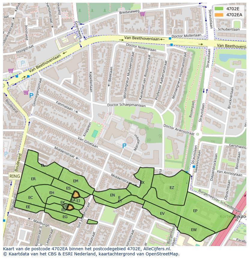 Afbeelding van het postcodegebied 4702 EA op de kaart.