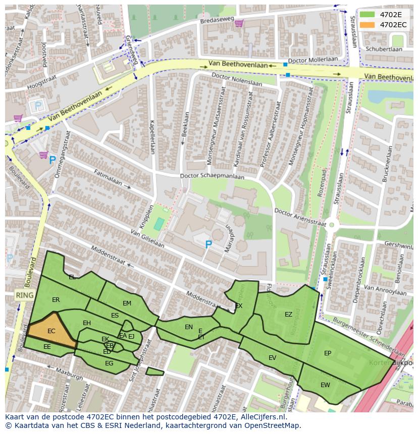Afbeelding van het postcodegebied 4702 EC op de kaart.