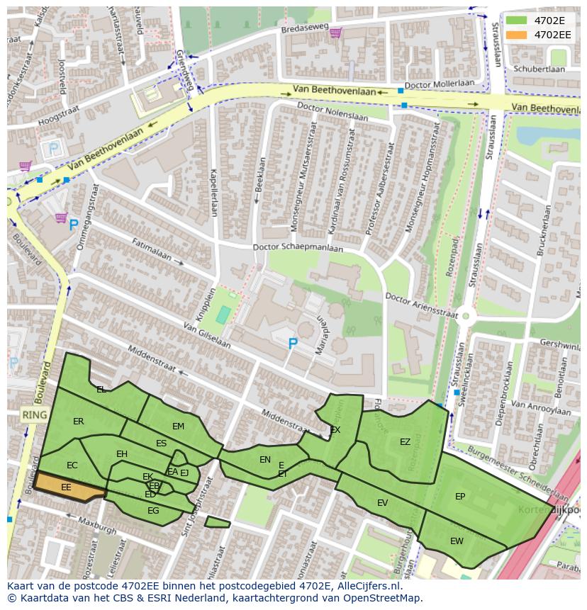 Afbeelding van het postcodegebied 4702 EE op de kaart.