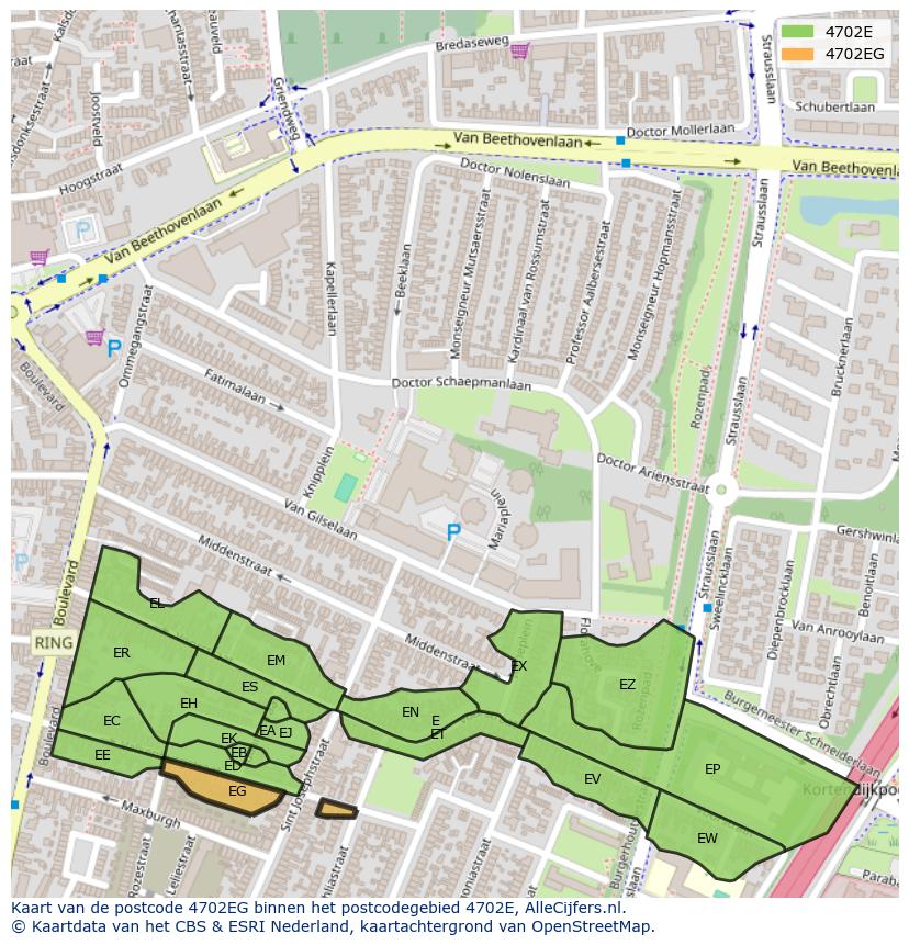 Afbeelding van het postcodegebied 4702 EG op de kaart.