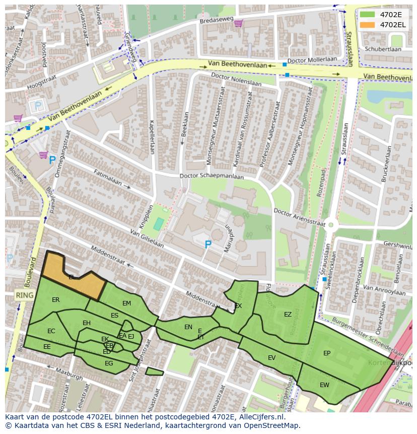 Afbeelding van het postcodegebied 4702 EL op de kaart.