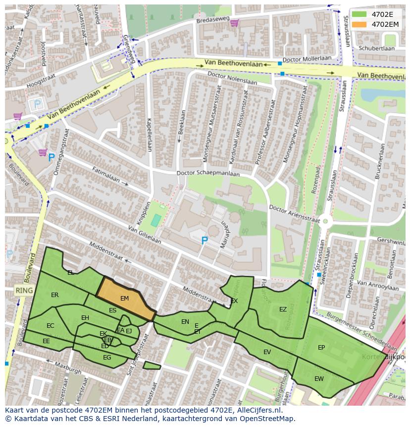Afbeelding van het postcodegebied 4702 EM op de kaart.