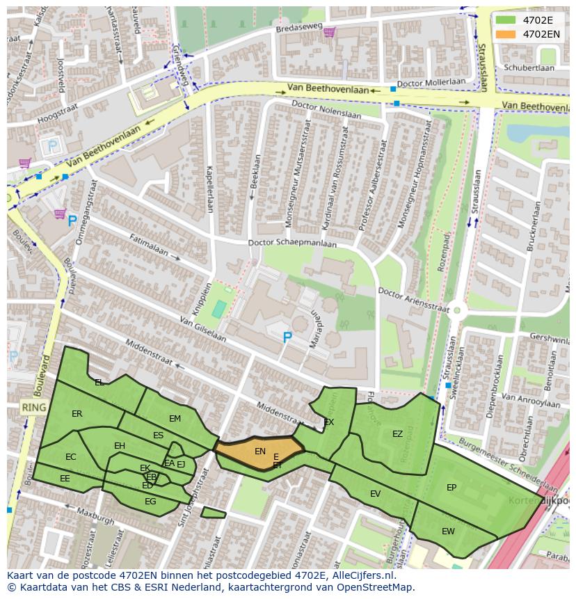 Afbeelding van het postcodegebied 4702 EN op de kaart.