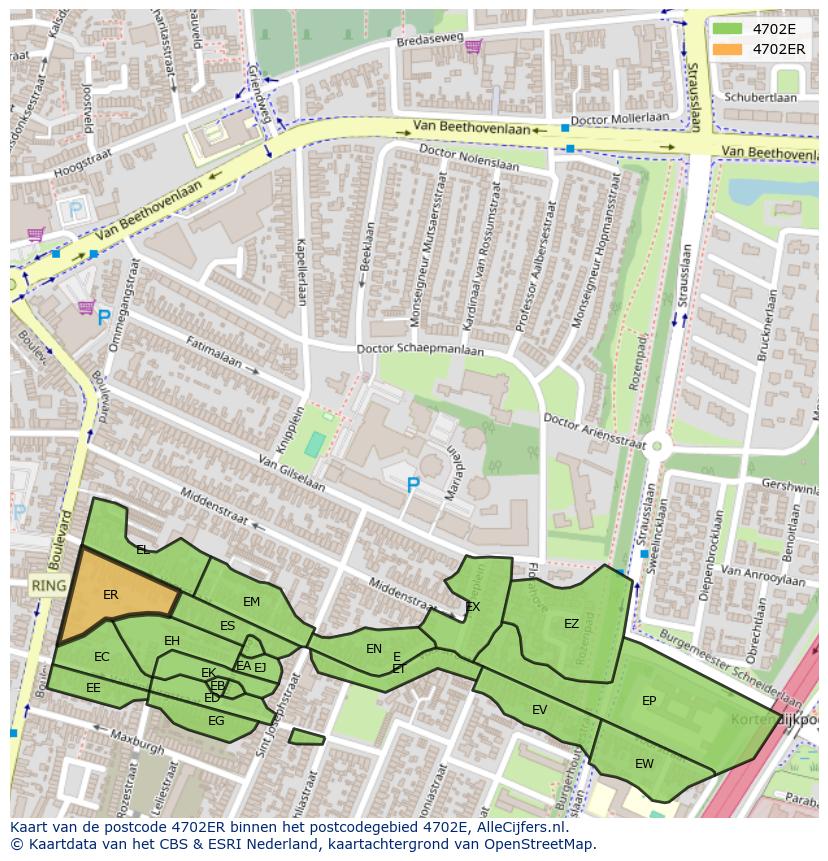 Afbeelding van het postcodegebied 4702 ER op de kaart.