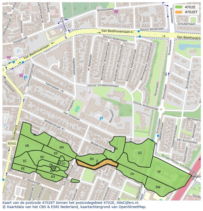 Afbeelding van het postcodegebied 4702 ET op de kaart.