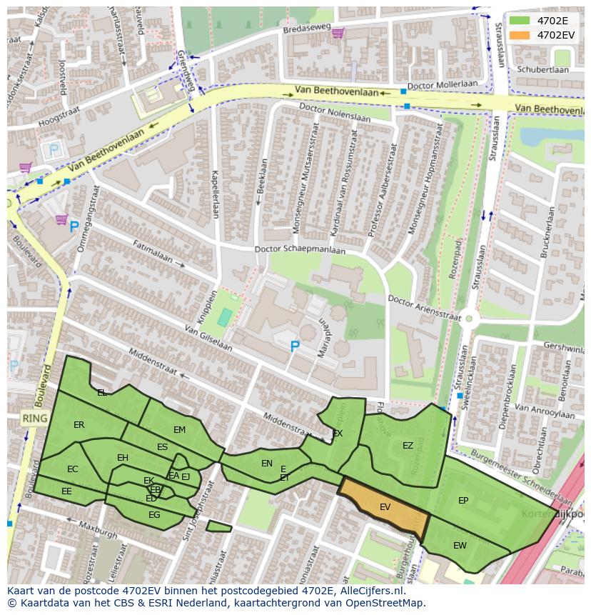 Afbeelding van het postcodegebied 4702 EV op de kaart.