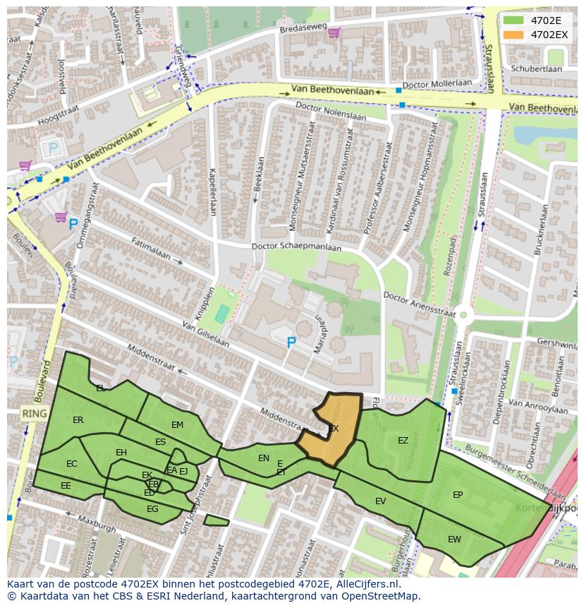 Afbeelding van het postcodegebied 4702 EX op de kaart.
