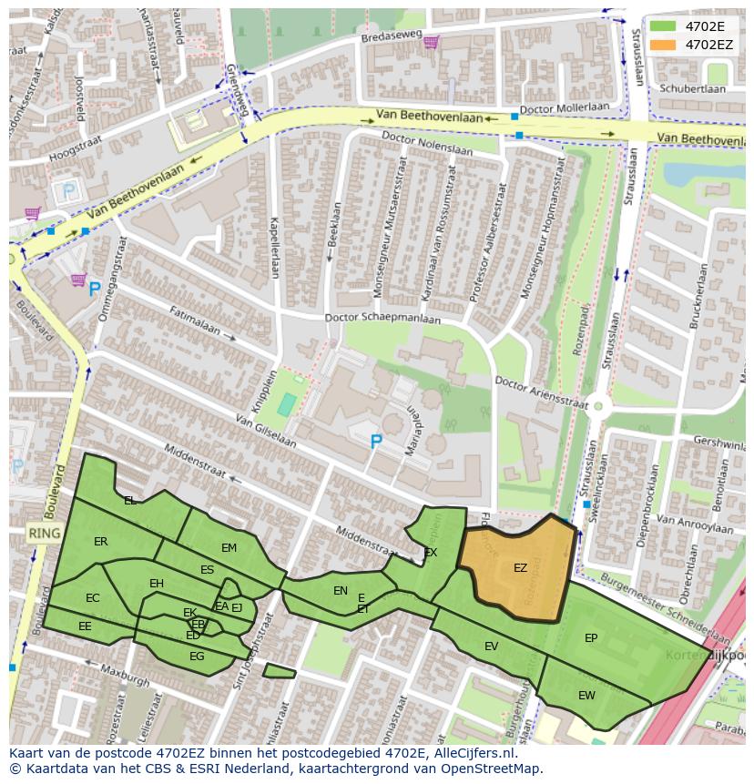 Afbeelding van het postcodegebied 4702 EZ op de kaart.