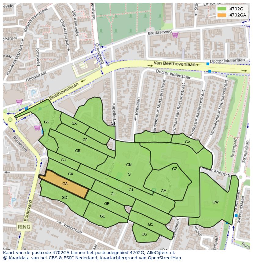 Afbeelding van het postcodegebied 4702 GA op de kaart.