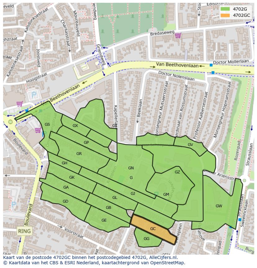Afbeelding van het postcodegebied 4702 GC op de kaart.