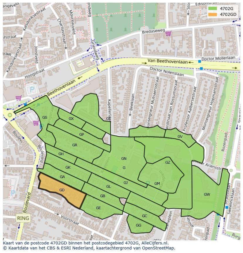 Afbeelding van het postcodegebied 4702 GD op de kaart.