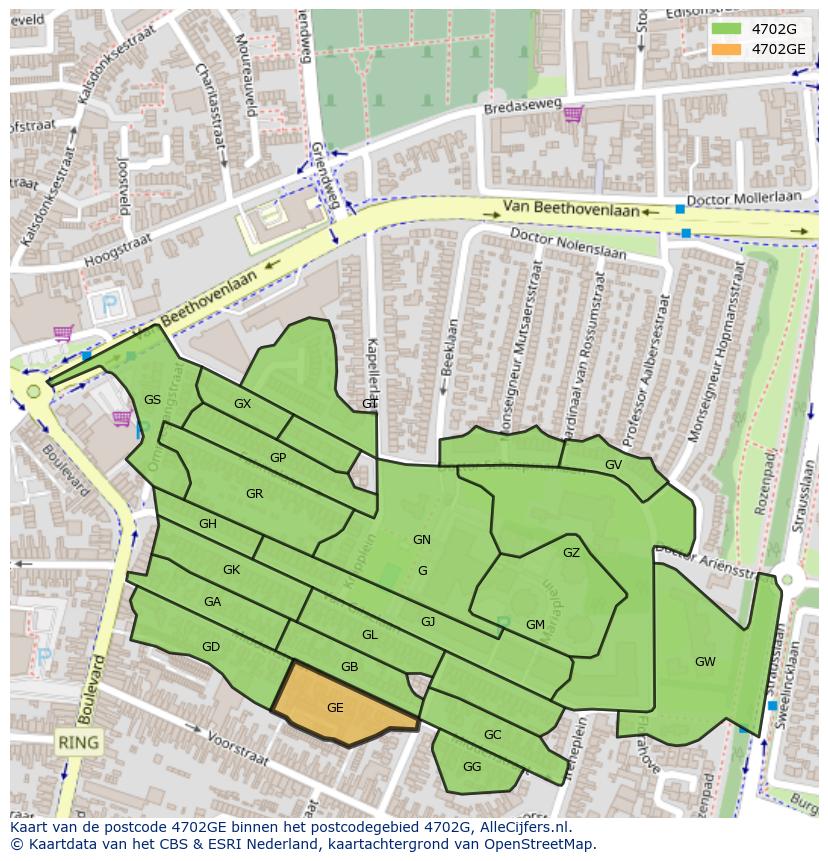 Afbeelding van het postcodegebied 4702 GE op de kaart.
