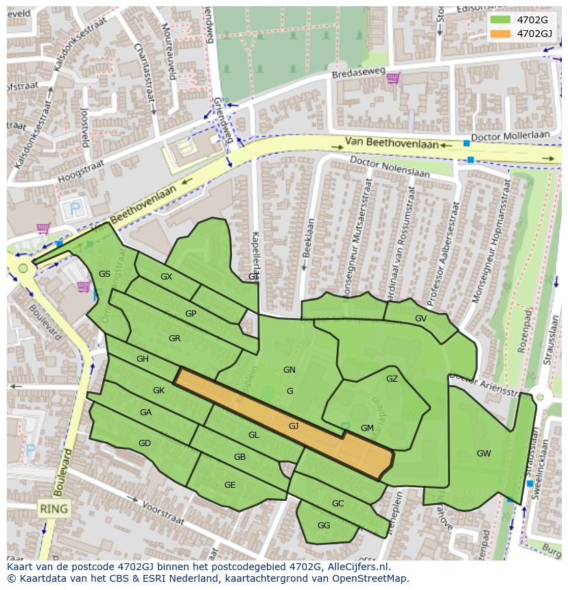 Afbeelding van het postcodegebied 4702 GJ op de kaart.