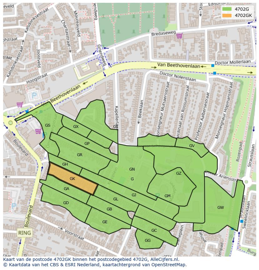 Afbeelding van het postcodegebied 4702 GK op de kaart.