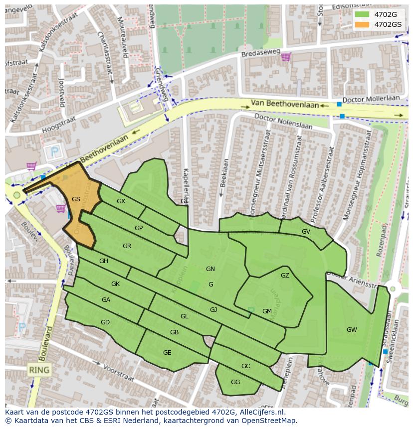 Afbeelding van het postcodegebied 4702 GS op de kaart.