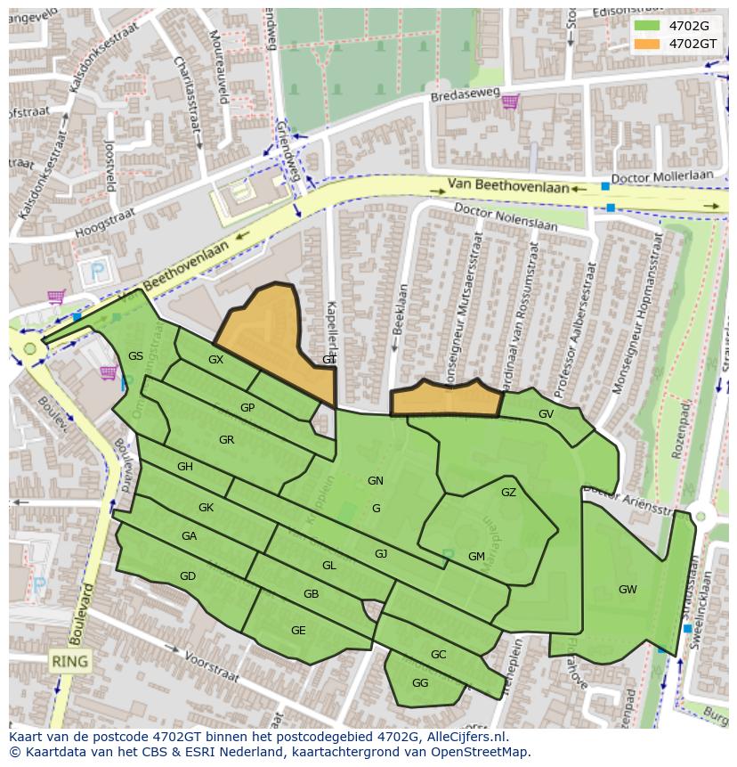 Afbeelding van het postcodegebied 4702 GT op de kaart.