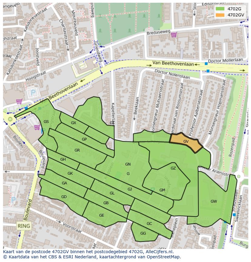 Afbeelding van het postcodegebied 4702 GV op de kaart.