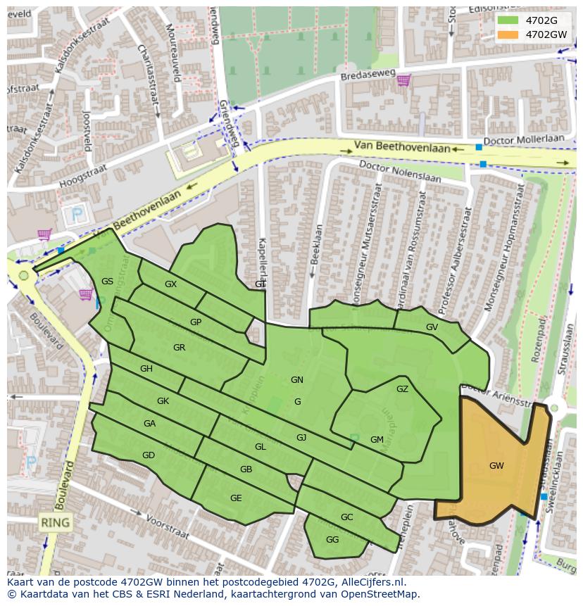 Afbeelding van het postcodegebied 4702 GW op de kaart.
