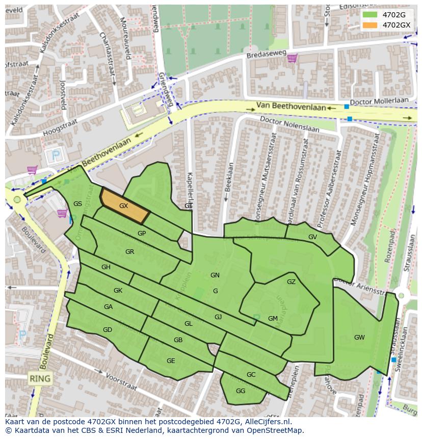 Afbeelding van het postcodegebied 4702 GX op de kaart.
