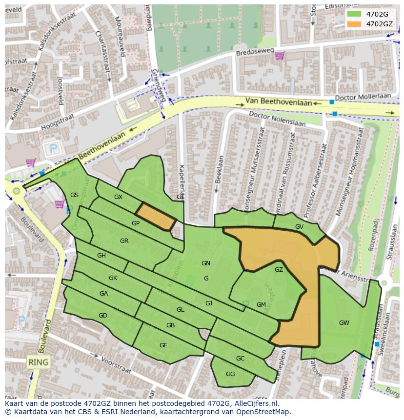 Afbeelding van het postcodegebied 4702 GZ op de kaart.