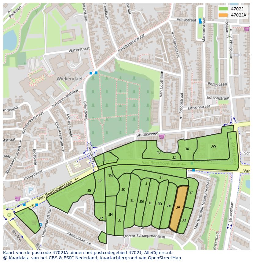 Afbeelding van het postcodegebied 4702 JA op de kaart.