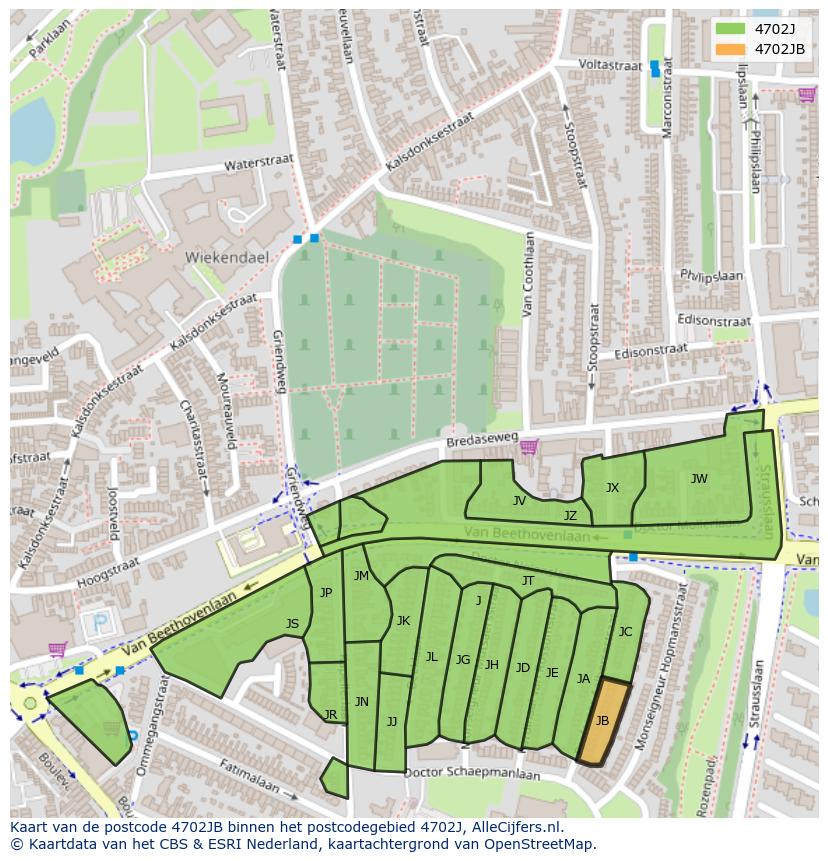 Afbeelding van het postcodegebied 4702 JB op de kaart.