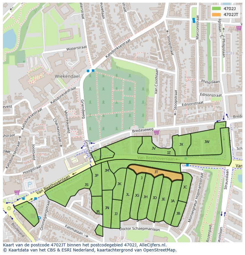 Afbeelding van het postcodegebied 4702 JT op de kaart.