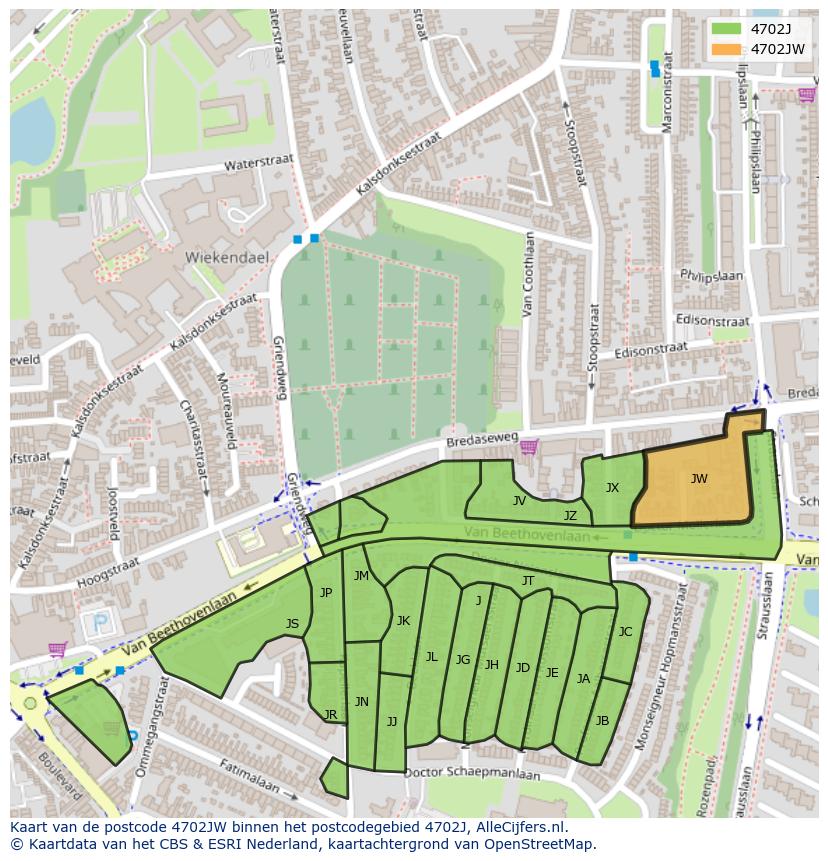 Afbeelding van het postcodegebied 4702 JW op de kaart.