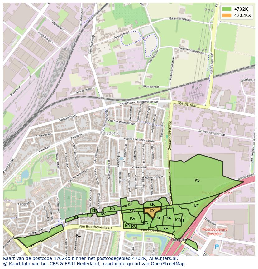 Afbeelding van het postcodegebied 4702 KX op de kaart.