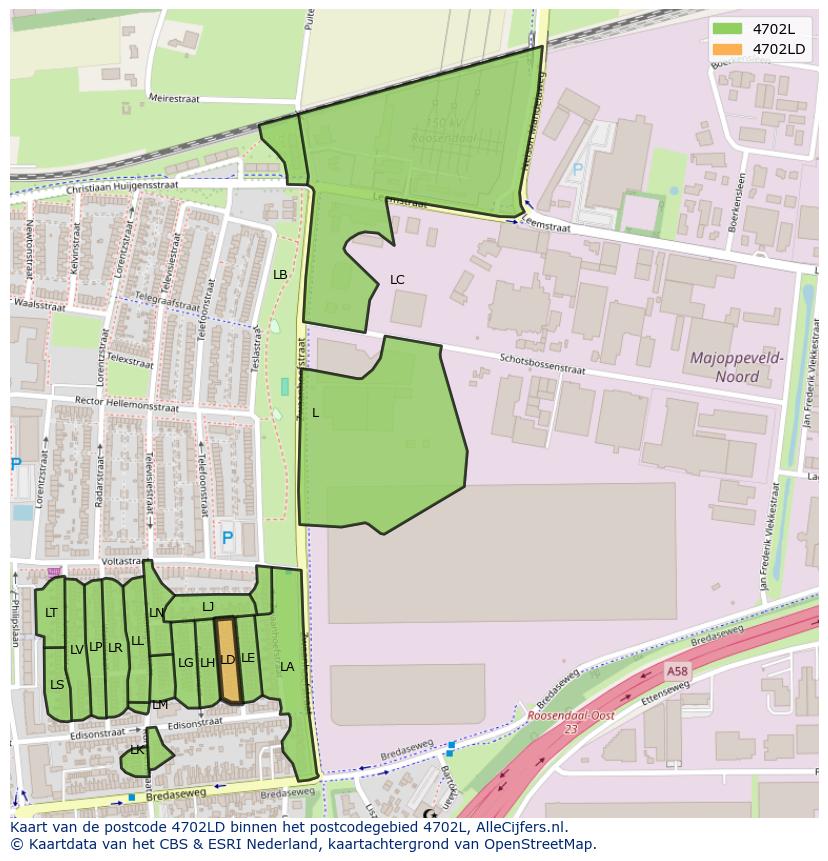 Afbeelding van het postcodegebied 4702 LD op de kaart.
