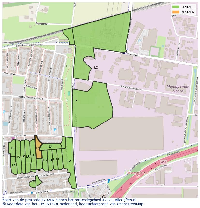 Afbeelding van het postcodegebied 4702 LN op de kaart.