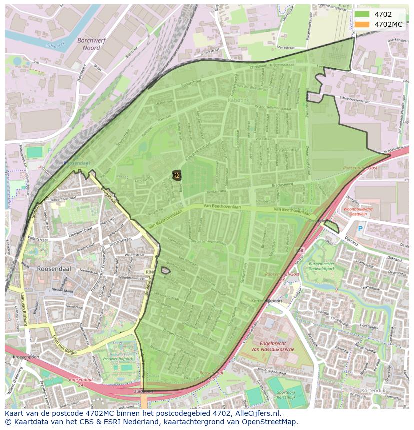 Afbeelding van het postcodegebied 4702 MC op de kaart.