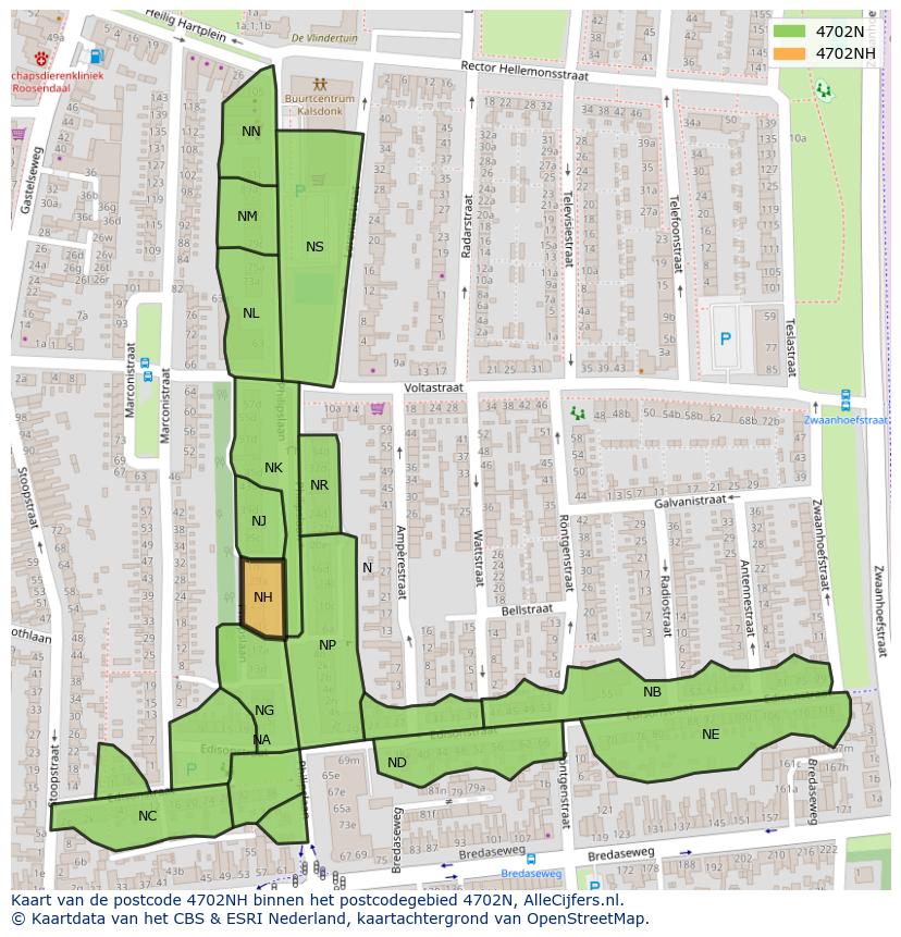 Afbeelding van het postcodegebied 4702 NH op de kaart.