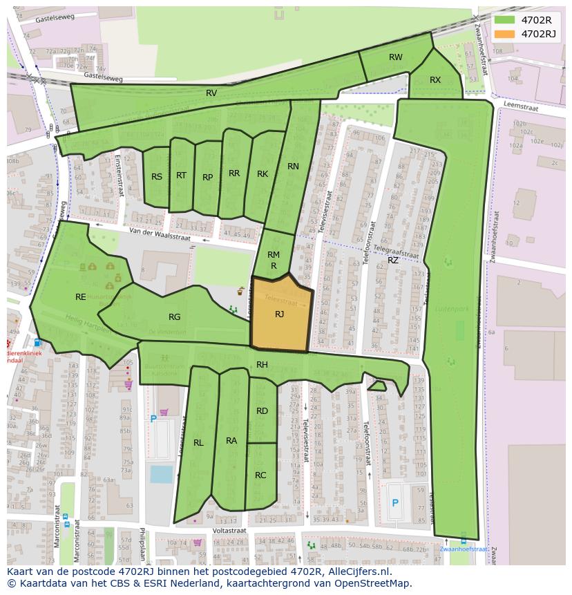 Afbeelding van het postcodegebied 4702 RJ op de kaart.