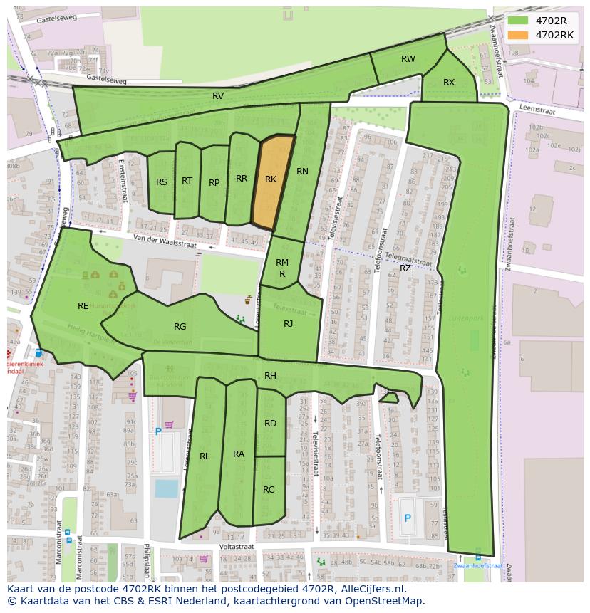 Afbeelding van het postcodegebied 4702 RK op de kaart.