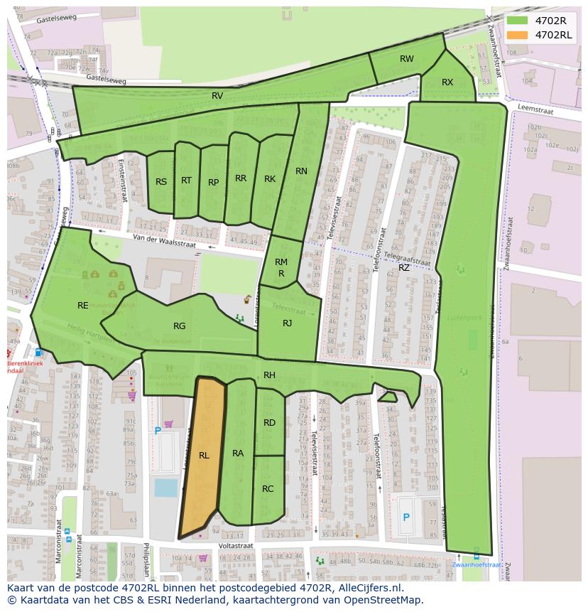 Afbeelding van het postcodegebied 4702 RL op de kaart.