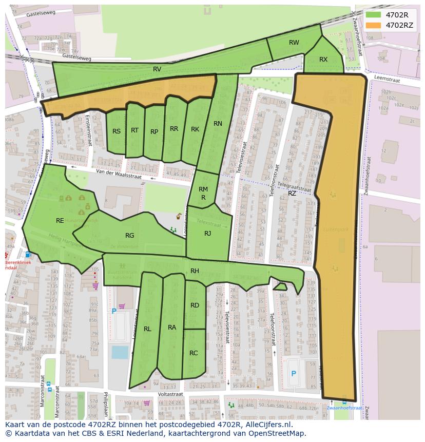 Afbeelding van het postcodegebied 4702 RZ op de kaart.