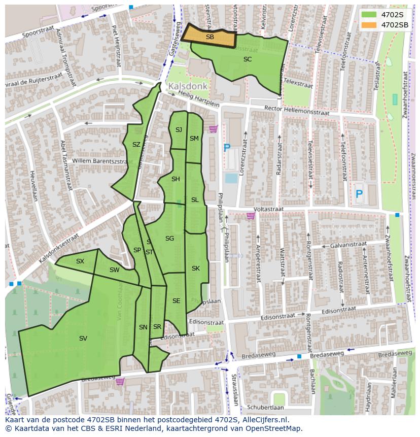 Afbeelding van het postcodegebied 4702 SB op de kaart.