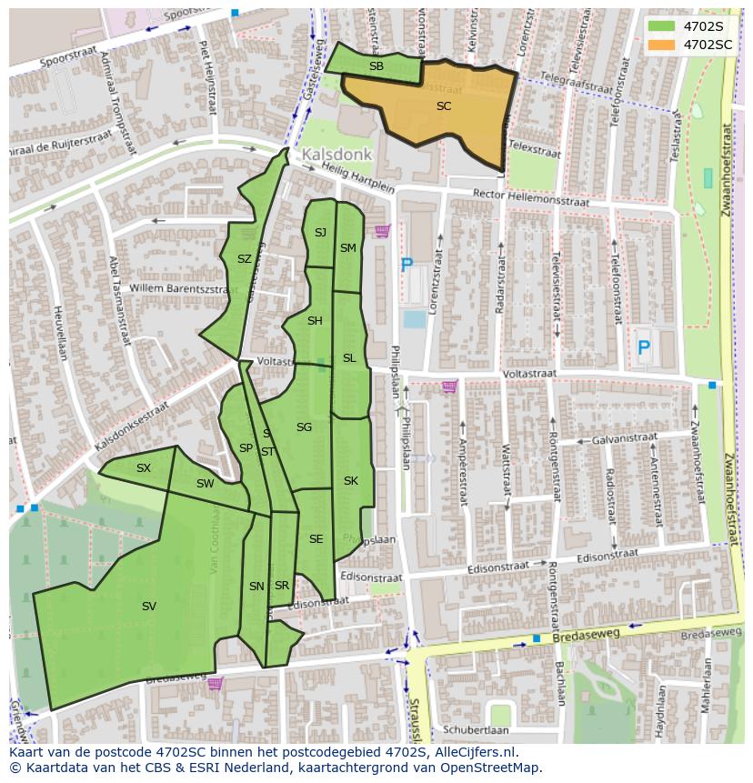 Afbeelding van het postcodegebied 4702 SC op de kaart.