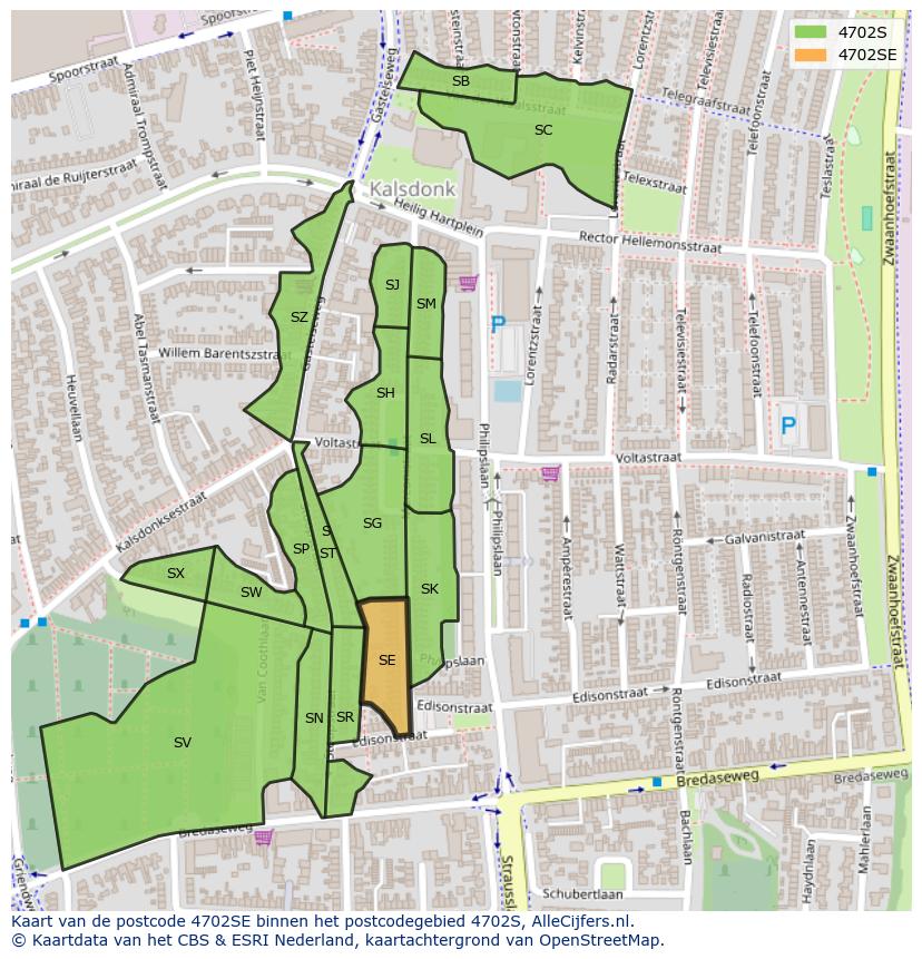 Afbeelding van het postcodegebied 4702 SE op de kaart.