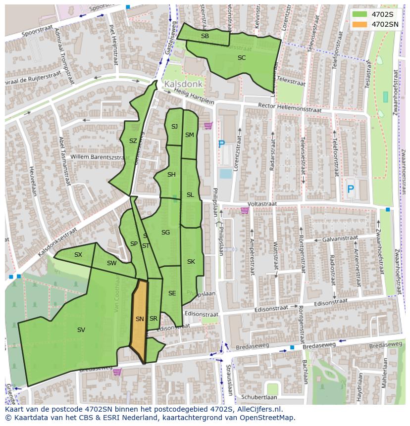 Afbeelding van het postcodegebied 4702 SN op de kaart.