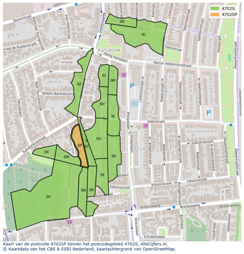 Afbeelding van het postcodegebied 4702 SP op de kaart.