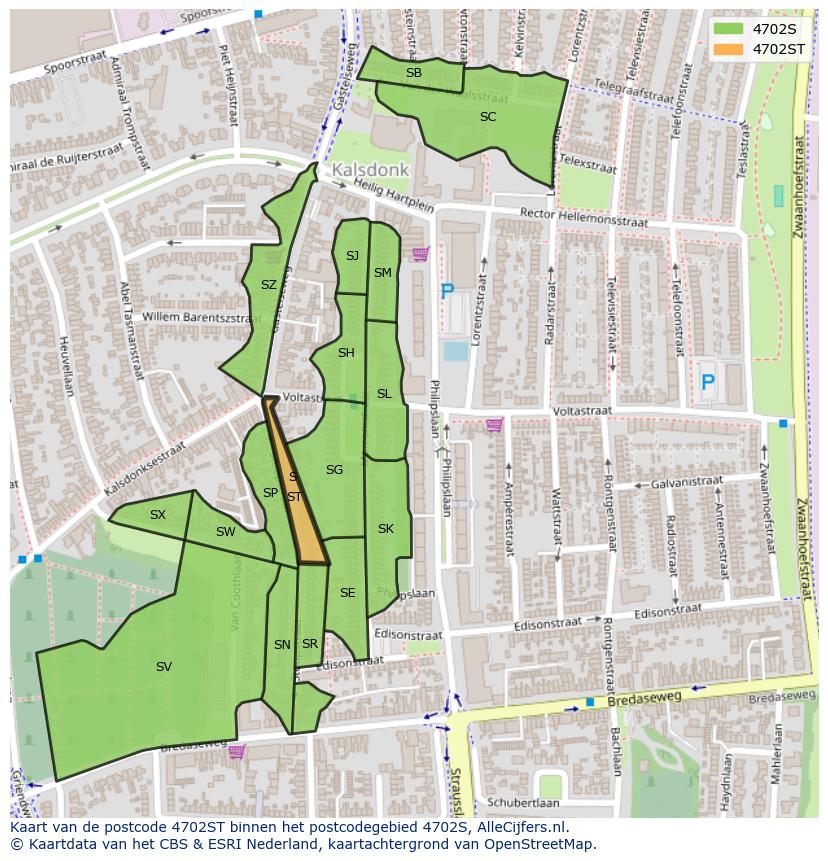Afbeelding van het postcodegebied 4702 ST op de kaart.