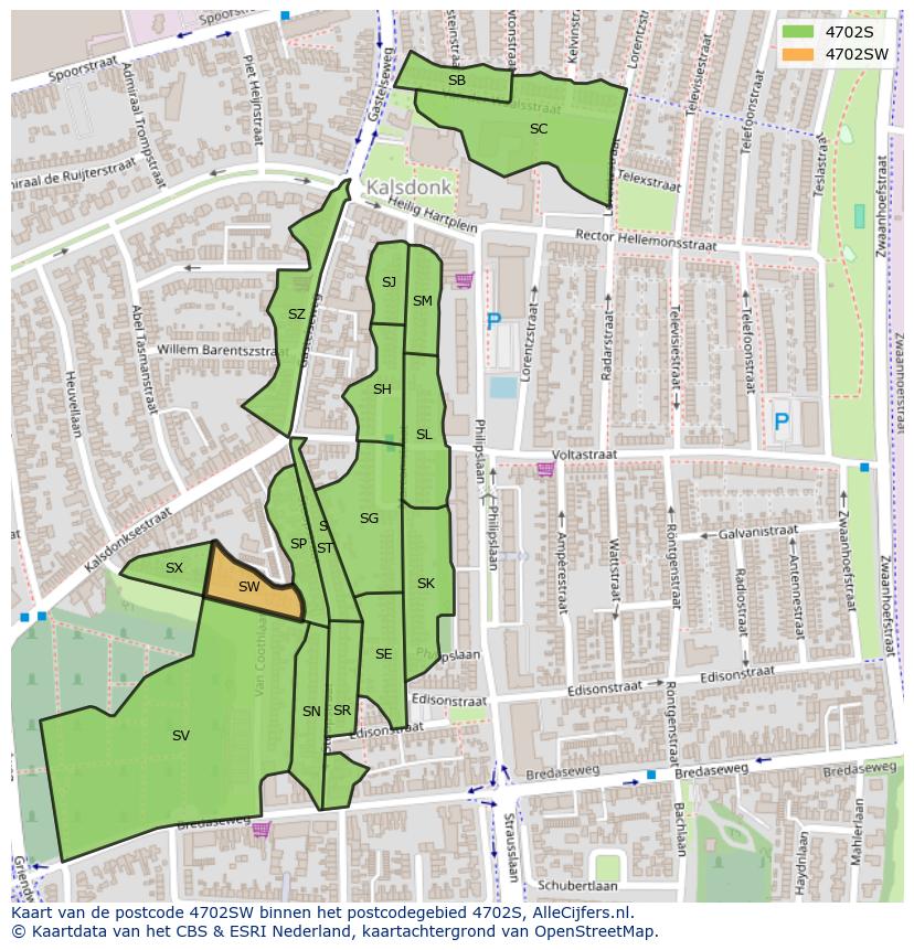 Afbeelding van het postcodegebied 4702 SW op de kaart.