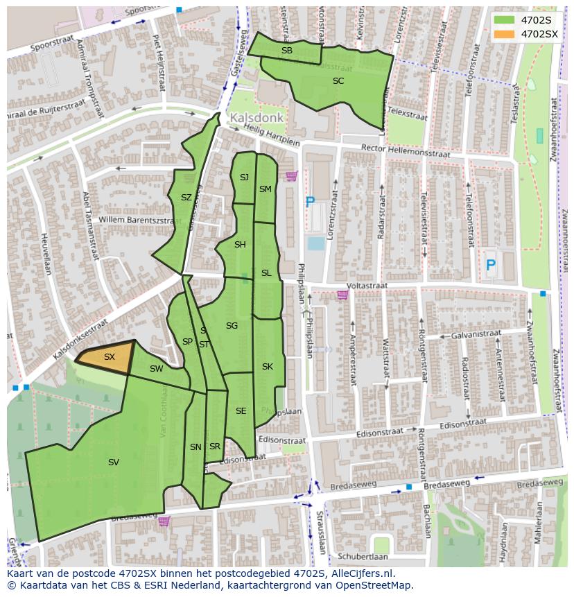 Afbeelding van het postcodegebied 4702 SX op de kaart.